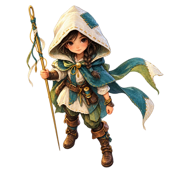 A hooded traveler carrying a golden needle